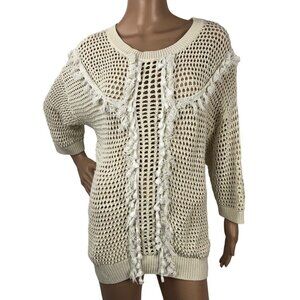 Leith Chunky Crochet Open Knit Sweater Size L Fringe Tassel Cut Out Boho Cottage